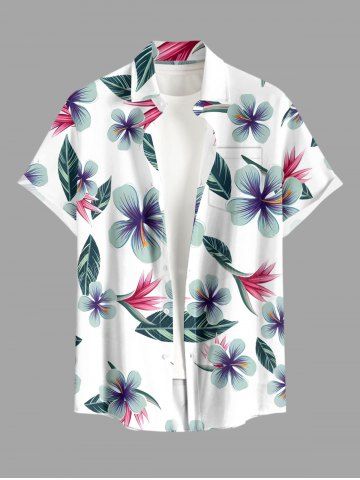 Plus Size Flowers Leaf Print Buttons Pocket Hawaii Shirt For Men - WHITE - 5XL