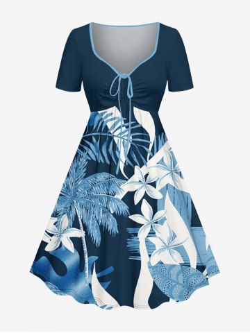 Plus Size Coconut Tree Tropical Leaf Sea Flower Print Hawaii Cinched A Line Dress - CADETBLUE - XS