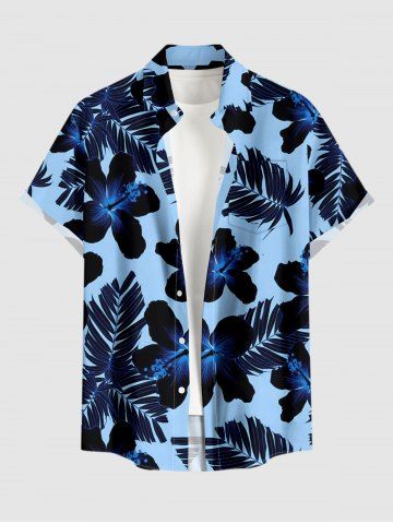 Plus Size Tropical Leaf Hibiscus Flower Print Hawaii Button Pocket Shirt For Men - BLUE - L