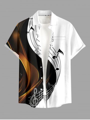 Plus Size Curve Music Symbol Print Hawaii Button Pocket Shirt For Men - WHITE - M