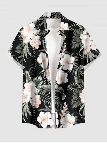 Plus Size Tropical Leaf Hibiscus Flower Print Hawaii Button Pocket Shirt For Men