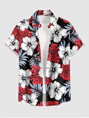 Plus Size Tropical Leaf Hibiscus Flower Print Hawaii Button Pocket Shirt For Men - RED - L