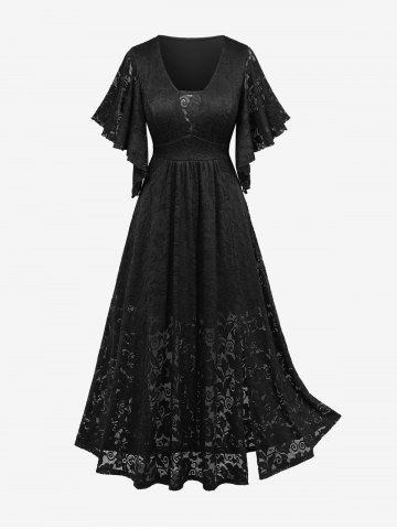 Plus Size Flower Lace Overlay Butterfly Sleeves Split A Line Dress - BLACK - 5X | US 30-32