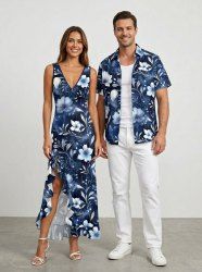 Tenue de plage assortie à imprimé floral et feuilles pour couples, style hawaïen - Bleu profond 