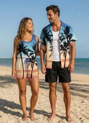 Ensemble hawaïen assorti chemise et barboteuse grande taille, tenue de plage à imprimé colorblock ombré cocotier pour couples - Bleu 