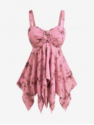 Plus Size Floral Print Heart Buckle Layered Handkerchief Asymmetric Tank Top -  
