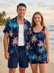 Matching Hawaii Shirt and Romper Beach Outfit Coconut Tree Galaxy Print For Couples - Bleu profond 