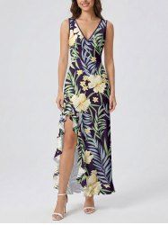 Flowers Tropical Leaf Print Hawaii Ruffles Split Surplice Dress - Bleu profond XXXL
