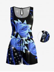Flowers Glitter 3D Print Cinched Hawaii Romper -  