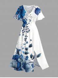 Flower Leaf Print Split Hawaii Midi Dress - Bleu 4X