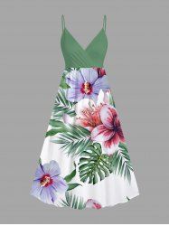 Plus Size Flowers Tropical Leaf Print Surplice Hawaii Cami Dress -  