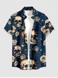 Skull Rose Flower Print Buttons Pocket Hawaii Shirt For Men -  