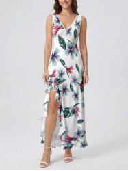 Flowers Leaf Print Hawaii Ruffles Split Surplice Dress -  