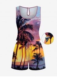 Coconut Tree Ombre Dusk Sunset Print Hawaii Drawstring Pocket Romper -  