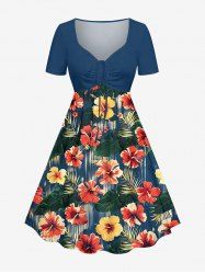 Hibiscus Flower Tropical Leaf Print Cinched Hawaii Dress - Cadetblue XS