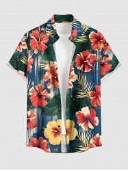 Hibiscus Flower Tropical Leaf Print Buttons Pocket Hawaii Shirt For Men -  