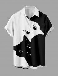 Two Tone Cat Print Button Pocket Shirt For Men -  