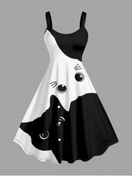Two Tone Cat Print A Line Dress - Blanc S