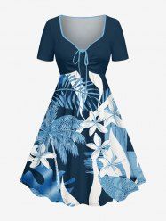 Coconut Tree Tropical Leaf Sea Flower Print Hawaii Cinched A Line Dress - Cadetblue XXS