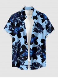 Plus Size Tropical Leaf Hibiscus Flower Print Hawaii Button Pocket Shirt For Men - Bleu XL