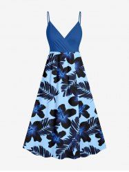 Plus Size Tropical Leaf Hibiscus Flower Print Hawaii Surplice A Line Cami Dress - Bleu XS