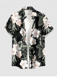 Plus Size Tropical Leaf Hibiscus Flower Print Hawaii Button Pocket Shirt For Men - Noir M
