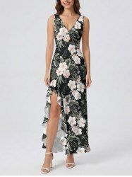Tropical Leaf Hibiscus Flower Print Hawaii Ruffles Split Dress - Noir M