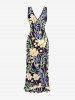 Flowers Tropical Leaf Print Hawaii Ruffles Split Surplice Dress -  