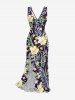 Flowers Tropical Leaf Print Hawaii Ruffles Split Surplice Dress - Bleu profond XXXL