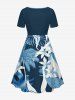 Coconut Tree Tropical Leaf Sea Flower Print Hawaii Cinched A Line Dress - Cadetblue XXS