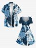 Coconut Tree Tropical Leaf Sea Flower Print Hawaii Cinched A Line Dress - Cadetblue XXS