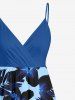 Plus Size Tropical Leaf Hibiscus Flower Print Hawaii Surplice A Line Cami Dress - Bleu XS