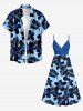Plus Size Tropical Leaf Hibiscus Flower Print Hawaii Surplice A Line Cami Dress - Bleu XS