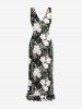 Tropical Leaf Hibiscus Flower Print Hawaii Ruffles Split Dress - Noir M