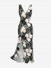 Tropical Leaf Hibiscus Flower Print Hawaii Ruffles Split Dress - Noir M