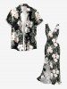Tropical Leaf Hibiscus Flower Print Hawaii Ruffles Split Dress - Noir M