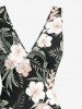 Tropical Leaf Hibiscus Flower Print Hawaii Ruffles Split Dress - Noir M