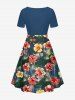 Hibiscus Flower Tropical Leaf Print Cinched Hawaii Dress - Cadetblue XS