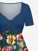 Hibiscus Flower Tropical Leaf Print Cinched Hawaii Dress - Cadetblue XS