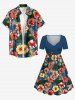 Hibiscus Flower Tropical Leaf Print Cinched Hawaii Dress - Cadetblue XS