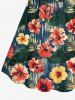 Hibiscus Flower Tropical Leaf Print Cinched Hawaii Dress - Cadetblue XS