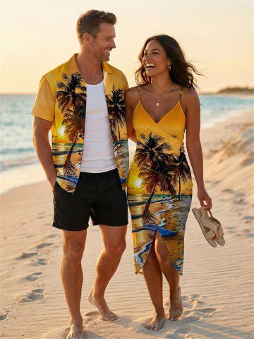 Coconut Tree Sun Seascape Print Plus Size Matching Hawaii Beach Outfit For Couples - GOLDEN BROWN