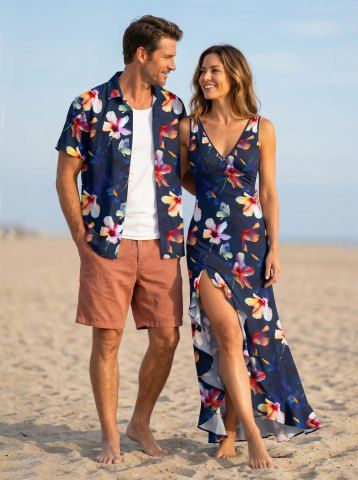 Tenues de plage assorties à imprimé floral pour couples, style hawaïen