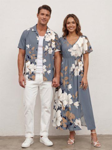 Flowers Leaf Print Plus Size Matching Hawaii Beach Outfit For Couples - LIGHT GRAY