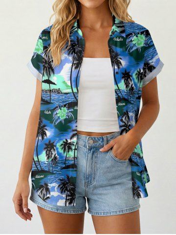 Women's Coconut Tree Sea Hibiscus Flower Print Hawaii Shirt - NAVY BLUE - XL