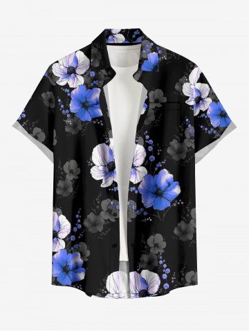 Plus Size Flowers Print Buttons Pocket Hawaii Shirt For Men - BLACK - 2XL