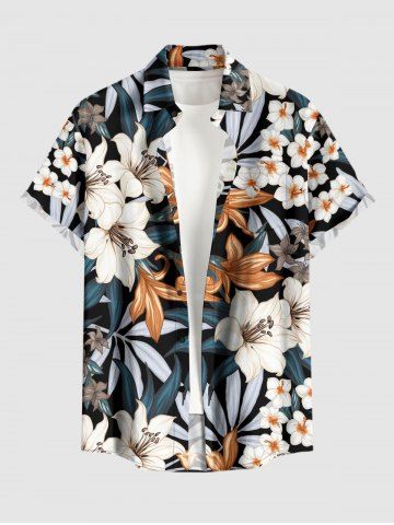 Plus Size Flower Leaf Print Buttons Pocket Hawaii Shirt For Men - BLACK - 3XL
