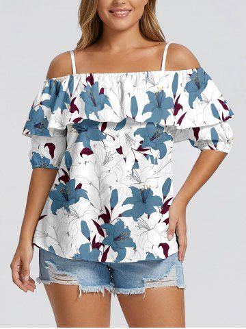 Plus Size Flowers Leaf Print Cold Shoulder Ruffles Cover Hawaii Blouse - WHITE - L
