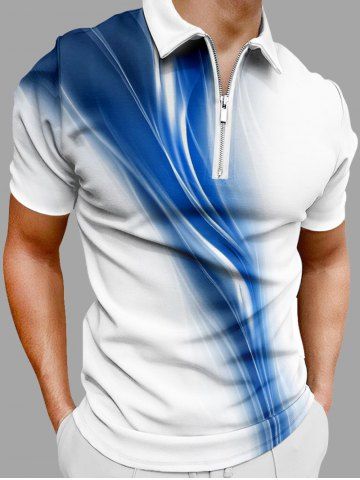 Plus Size Curve Light Beam 3D Print Zipper Polo Shirt For Men - BLUE - 2XL