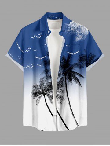 Plus Size Coconut Tree Bird Ombre Colorblock Print Buttons Pocket Hawaii Shirt For Men